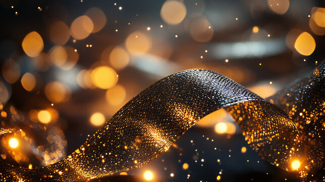 A sparkling gold and silver ribbon twists gracefully against a backdrop of warm bokeh lights, creating an elegant and festive holiday scene.