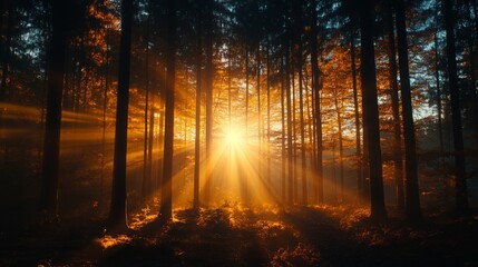 Obraz premium Golden Rays of Sunlight Illuminating Misty Forest