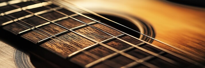 Obraz premium A detailed close-up image of an acoustic guitar emphasizing its strings and wood grain texture under warm lighting.