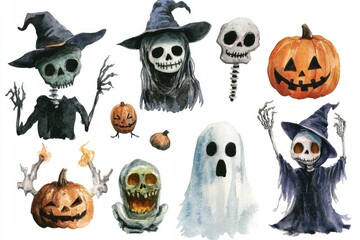 Watercolor Illustration of Halloween Characters and Symbols