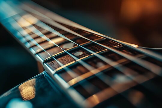 High-resolution close-up image of a guitar fretboard with metallic strings highlighted under warm lighting.