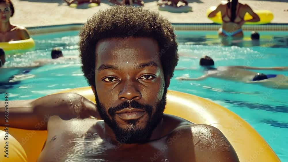 Poster black man enjoying a sunny day on a float in a vibrant swimming pool generative ai