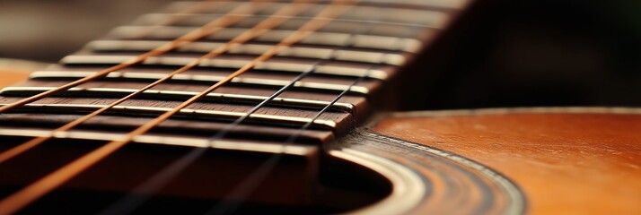 Obraz premium Detailed view of an acoustic guitar's strings and wooden body, showcasing craftsmanship and musical creation.