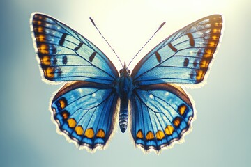 Fototapeta premium Vibrant blue butterfly wing against sky background, close up.