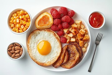 Healthy breakfast with egg, fruit, and toast