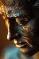 A portrait of a bronze statues face, creating a sense of mystery and ambiguity.