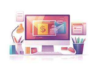 Flat Desktop with Holographic Savings Pouch Icon on Glossy White Surface - Modern Vector Illustration for Financial and Business Content