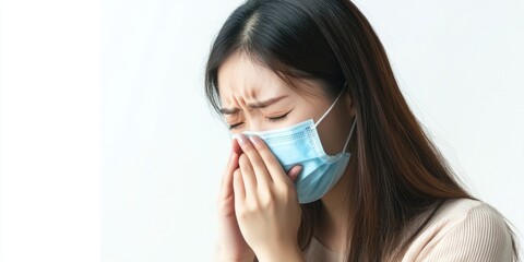 The image depicts a young Asian woman showing an expression of distress. She wears a medical mask and has her hands covering her face, possibly indicating concern