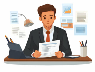 Flat Vector Illustration of a Focused Businessman Analyzing Acquisition Documents at His Desk � Ideal for Financial Services and Business Promotions