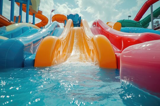 Vibrant water slide in an amusement park, promising a wet and enjoyable experience.