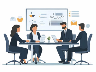 Flat Candid Business Team Analyzing Cash Flow Reports in Conference Room - Vector Illustration for Corporate Marketing and Financial Planning Promotions