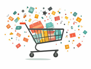 Flat Levitating Shopping Cart with Discount Icons - A Floating Retail Cart Featuring Sale Symbols for E-Commerce Promotions on a White Background - Simple Vector Illustration