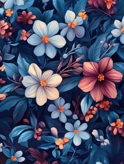 Colorful floral design with flowers and leaves on a background.