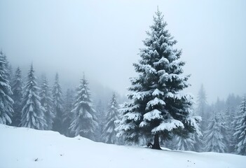 A tall pine tree covered in snow stands prominently in a serene winter landscape. Surrounding trees are blanketed in snow as mist softly fills the air, creating a peaceful and frosty atmosphere.