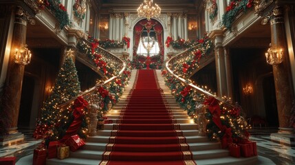 Opulent Grand Christmas Staircase with Elegant Holiday Decorations