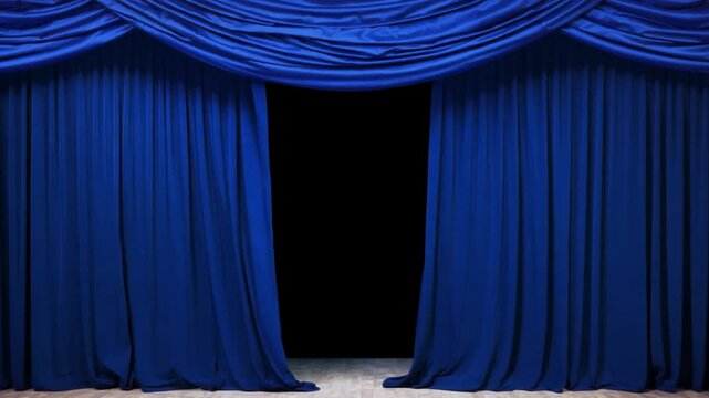 The rich blue curtain hangs gracefully in a theater, creating an elegant backdrop as it softly drapes along the stage. A sense of anticipation fills the air for the upcoming performance.