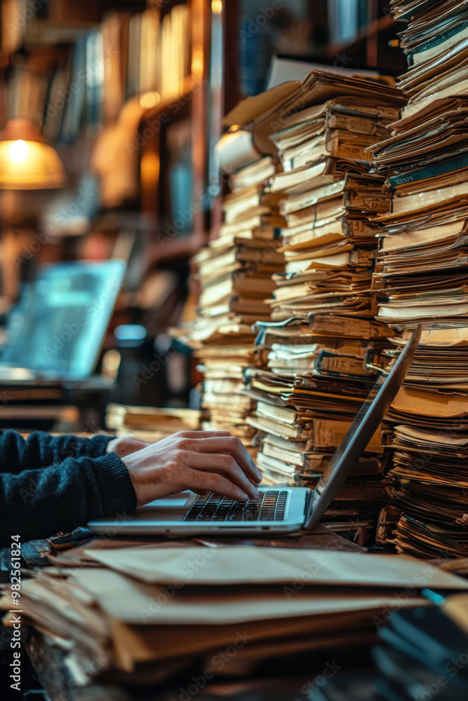 Poster document management, a busy workspace filled with stacks of yellowed files, with a focused hand typi