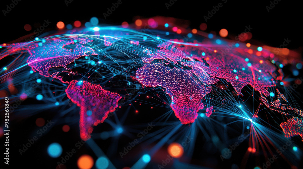 Poster network cables, a colorful web of network cables flows over a dark world map, symbolizing the dynami