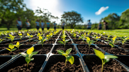 Corporate Social Responsibility,  A community volunteer day where a team plants young trees arranged in neat rows, with a backdrop of a bright blue sky and well-maintained grass,