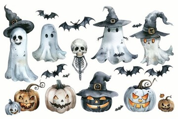 Watercolor Illustration of Halloween Ghosts, Pumpkins, and Bats