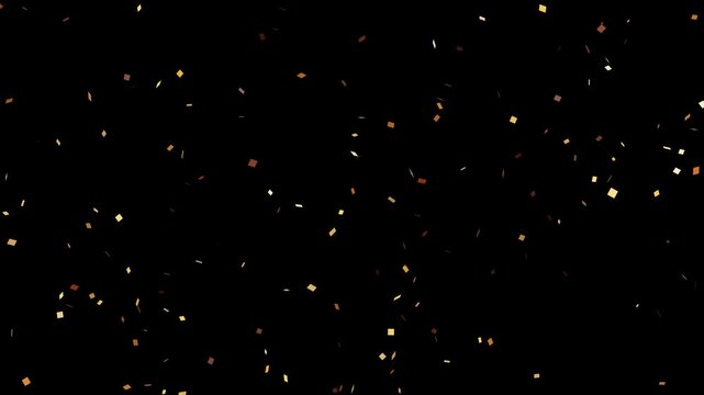 Animation of golden confetti paper falling down slowly on transparent screen. Birthday celebration party. 4K alpha channel