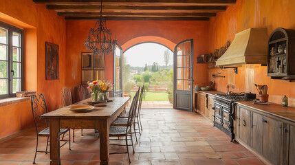 Warm, earthy interior design concept with terracotta floors, wrought iron accents, and rustic wooden furniture, evoking the charm of the Italian countryside.