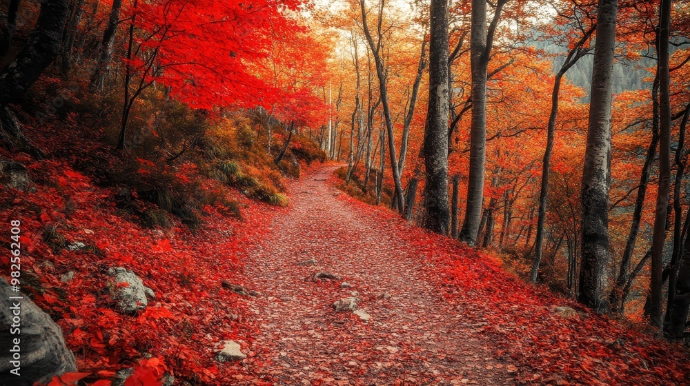 Poster autumnal path through a forest of red
