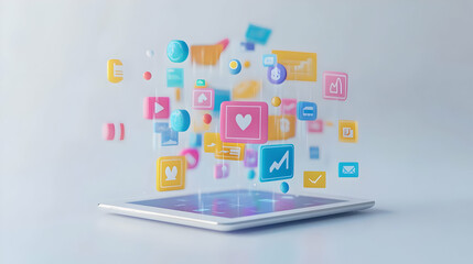 3D Glossy Tablet with Holographic Coupon and Floating Business Icons on White Background - Modern Digital Marketing Concept for Branding and Promotion