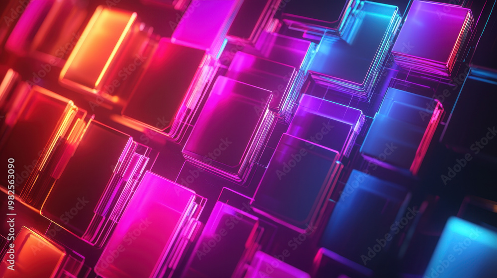 Poster document management, colorful 3d folders arranged in a dynamic pattern, illuminated by neon hues aga