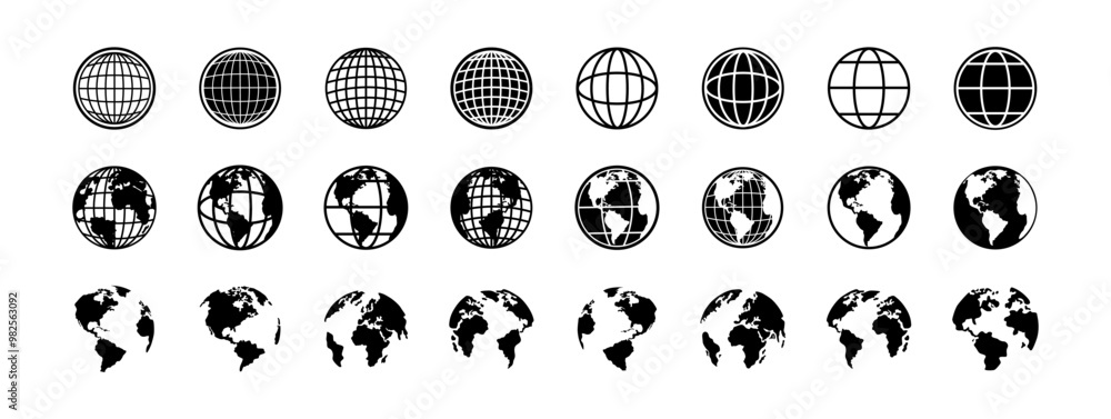 Wall mural globe vector icons. world maps black. earth globe. planet earth in different shapes. big set of eart