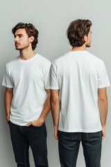 white tshirt mockup,  Clean and minimalistic white t-shirt mockup showcasing front and back views against a soft gray background