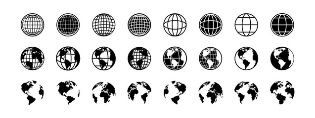 Globe vector icons. World maps black. Earth globe. Planet earth in different shapes. Big set of Earth Globe. Vector illustration