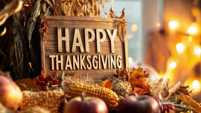 A festive display celebrating Thanksgiving with autumn leaves, apples, and a warm wooden sign in a cozy setting during the holiday season