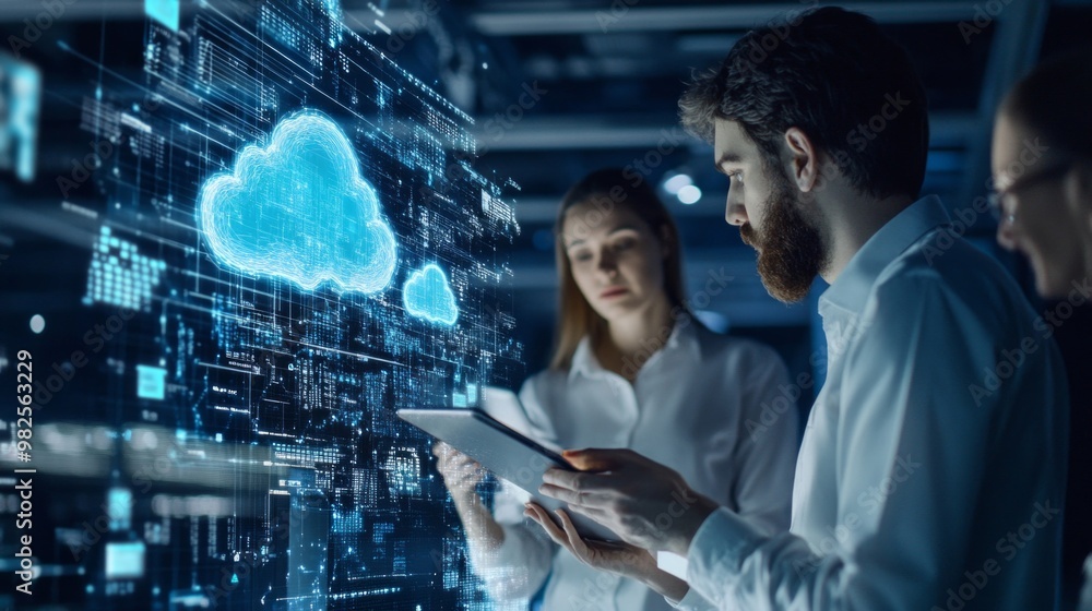 Fototapete a man and a woman are looking at a computer screen with a cloud on it