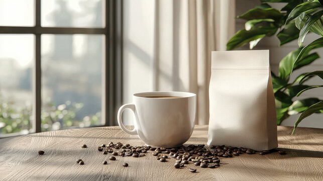 white cup mockup,  Elegant white cup mockup on a wooden table, paired with a minimalist coffee bag and scattered beans, evoking warmth and sophistication