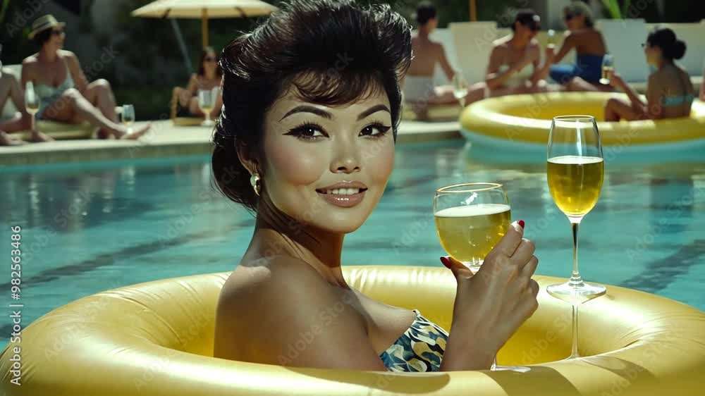 Aufkleber asian woman enjoying a drink while relaxing in a pool float during summer generative ai