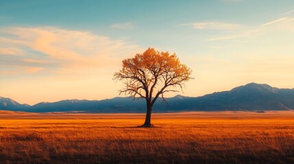 Lone Tree in Golden Meadow with Mountain Sunset