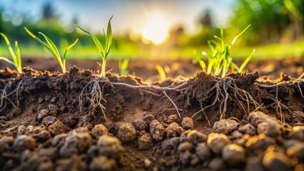Fototapeta premium Close-Up of Soil with Sprouting Plants, Symbolizing Growth and Agriculture