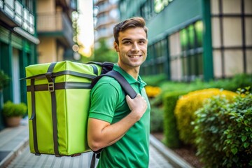 A cheerful delivery man wearing a green uniform and carrying a large backpack. Perfect for delivery service promotions, logistics, or advertising campaigns.