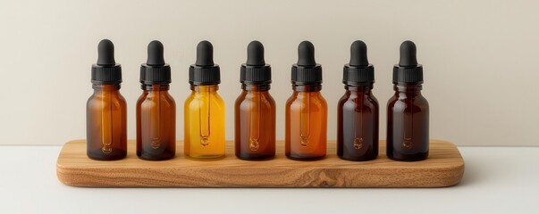 A stylish display of amber glass dropper bottles on a wooden tray, perfect for essential oils or herbal extracts.
