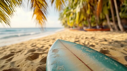 Close-up of a surfboard resting on golden sands, sea breeze gently swaying palm trees, tropical vacation atmosphere, focus on beach vibes, vibrant, composite, oceanfront backdrop