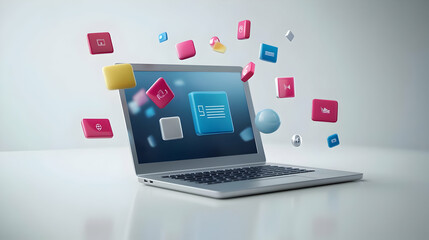 3D Glossy Laptop on White Surface with Floating Holographic Business & Coupon Symbols for Digital Marketing and Promotions - Professional Design