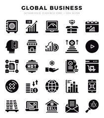 Set of Global Business icons in Glyph style. Glyph Icons symbol collection.