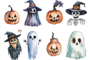Watercolor Illustration of Halloween Pumpkins, Ghosts, and Skeletons