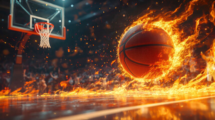 A basketball flies towards the hoop, leaving a trail of fire, showcasing a dynamic moment in a vibrant arena filled with spectators at night.