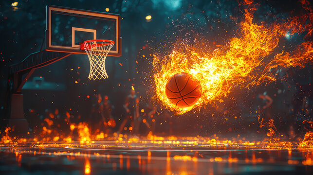 A bright basketball flies through the air leaving a fiery trail behind it in a floodlit arena during an intense game at night