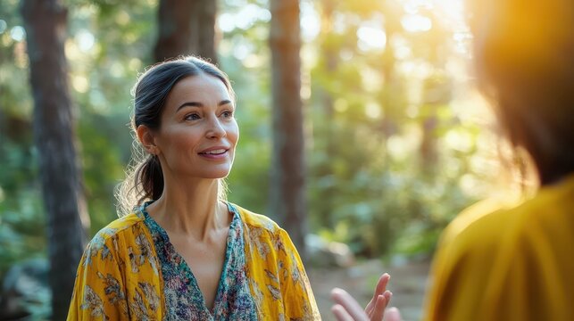Therapist offering guidance in a wellness retreat setting, selective focus, open and healing conversation, vibrant, fusion, sunlit forest backdrop