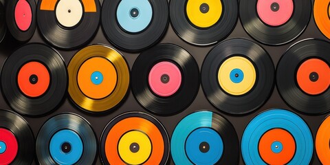 Fototapeta premium Many colorful vinyl records on a black background.