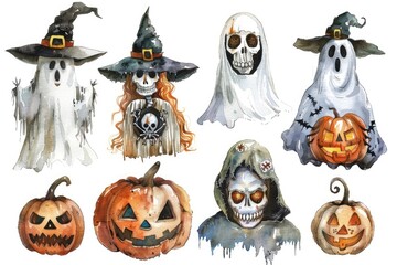 Fototapeta premium Watercolor Illustration of Halloween Characters and Pumpkins