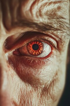 The intense and mysterious glare of a man's red right eye close up.